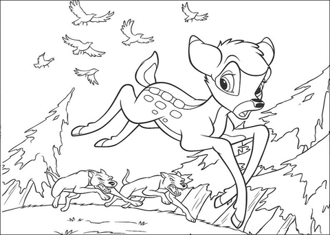 Bambi Is Running Away From The Wolf  Coloring Page